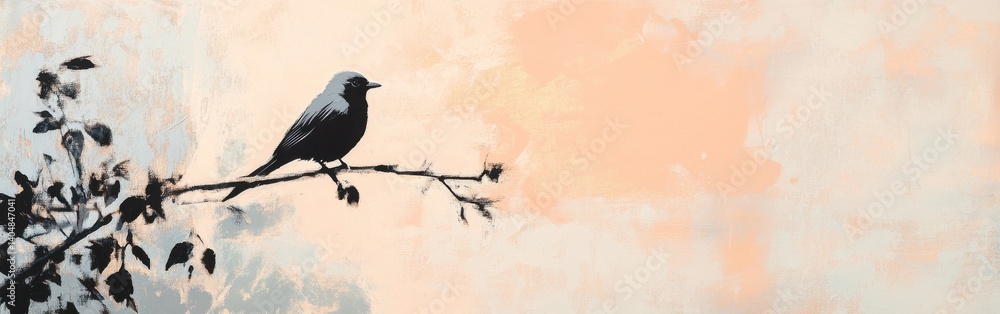 Fototapete abstract silhouette of a bird perched on a branch with a muted color palette and a minimalistic desi