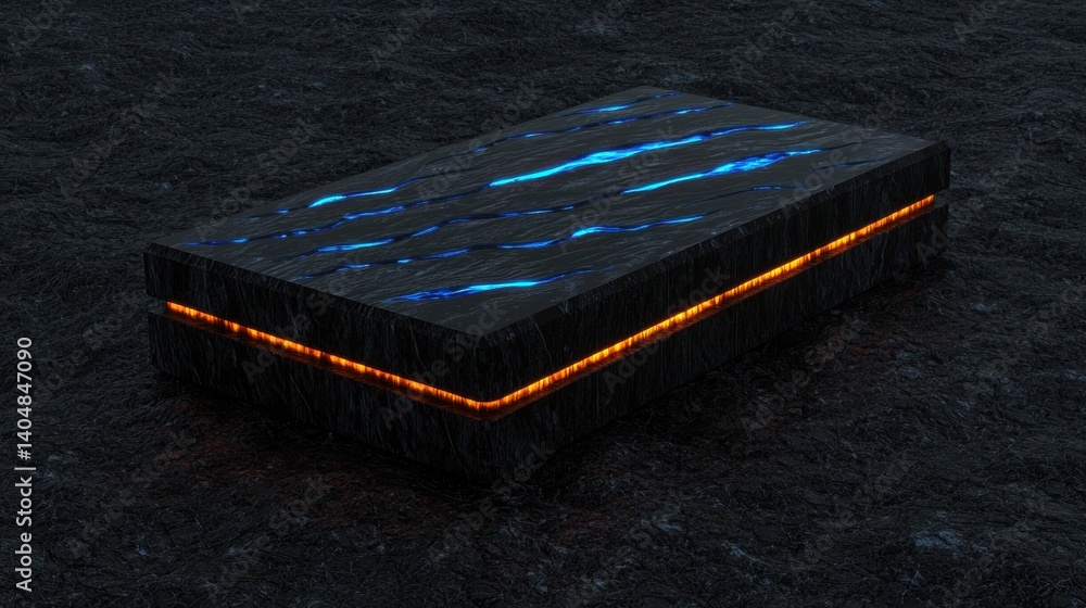Poster a 3d rendering of a black rectangular box with glowing blue lines on its surface.