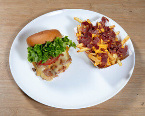 Burger with lettuce and tomato next to fries with bacon and cheese