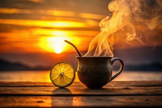 Steaming Citrus Beverage at Sunset: A warm mug of steaming beverage, garnished with a slice of fresh lemon, rests on a wooden surface against the backdrop of a breathtaking sunset over the water.