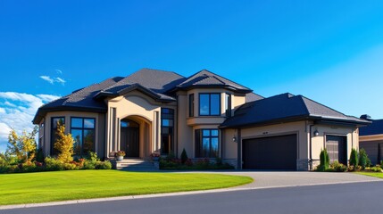 Modern suburban house with landscaped garden under a clear blue sky, showcasing elegant architecture