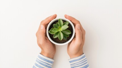 Hands holding a small plant in a white pot.