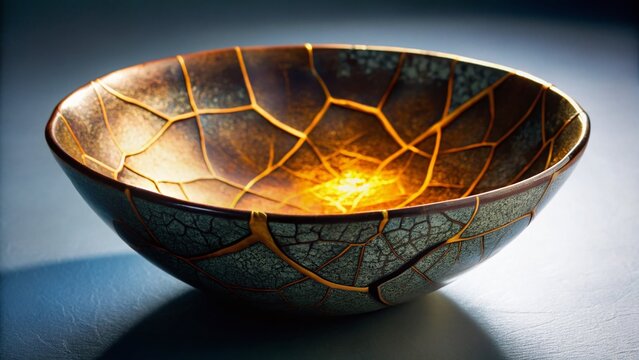 Kintsugi Bowl: An exquisite ceramic bowl showcasing the Japanese art of Kintsugi, where cracks are mended with gold lacquer, highlighting beauty in imperfection.