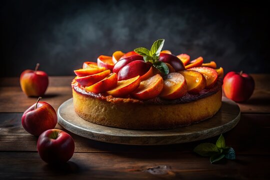 Rustic Apple and Plum Tart: A delightful tart brimming with sliced apples and plums, garnished with fresh mint, rests on a wooden table, surrounded by whole apples.