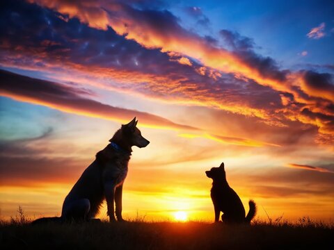 Companionship Under Sunset Sky: Two dogs silhouetted against a vibrant, fiery sunset, sitting peacefully on a grassy hill, their bond evident in the shared moment of tranquil beauty.