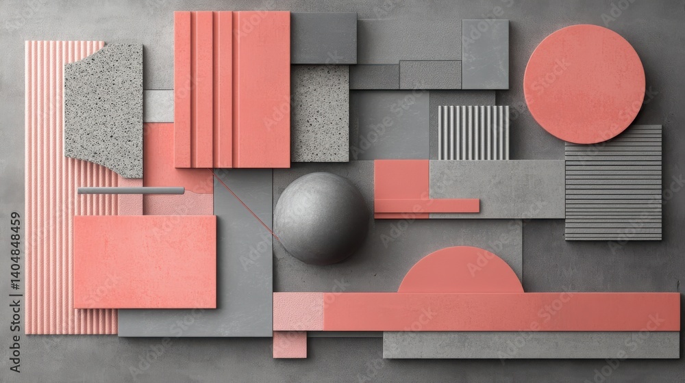 Poster modern abstract composition: coral and gray geometric shapes on textured background, elegant archite