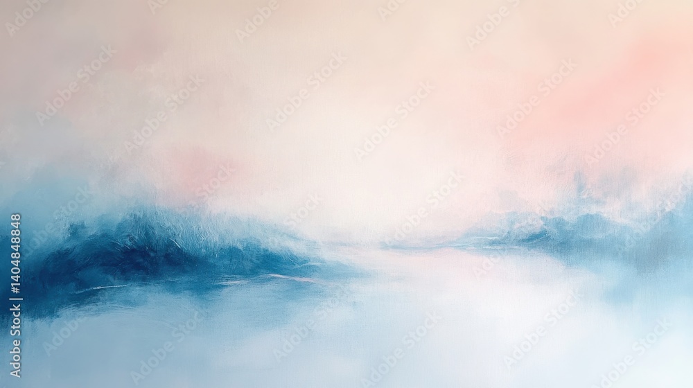 Poster elegant pastel pink and blue mist softly blending, creating a serene and ethereal abstract landscape
