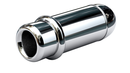 Automobile Exhaust Pipe: A close-up captures a polished chrome exhaust pipe, highlighting the sleek lines and reflective surfaces, typical of modern automotive design. 