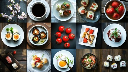 Diverse culinary collection featuring sushi, coffee, tomatoes, and desserts in a rustic setting