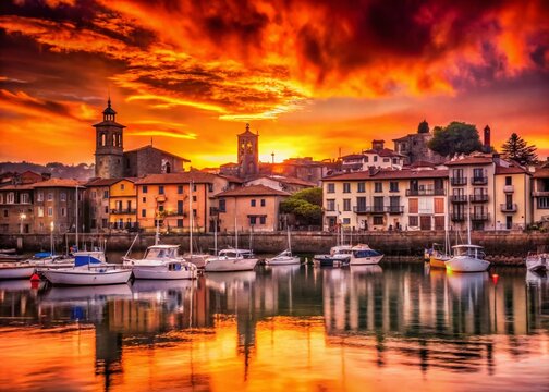 Italian Seaside Village at Sunset: A picturesque Italian village with charming buildings and church towers overlooks a tranquil harbor filled with boats.