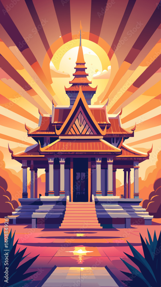 Poster a large building with a lot of detail and a lot of color. the building is a temple and the sun is sh