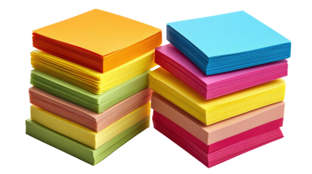 Stacks of Colorful Sticky Notes: A vibrant display of stacked sticky notes in a spectrum of eye-catching hues, ideal for brainstorming, organization, and communication.