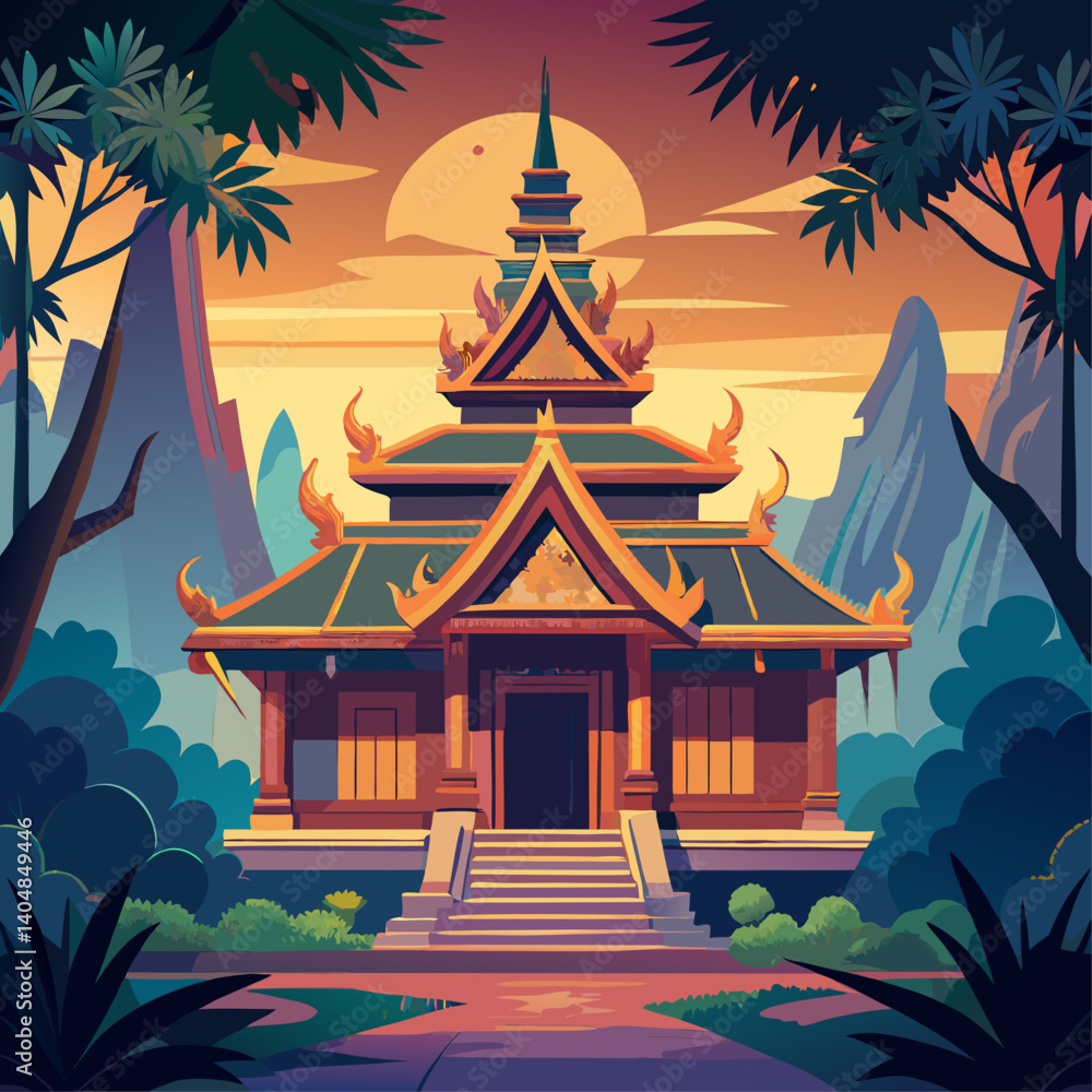 Poster a large building with a steeple and a large tree in front of it. the building is surrounded by trees