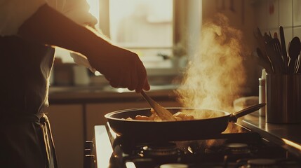 Chef Cooking in Sunlit Kitchen, Warm Tones, Steam Rising from Pan