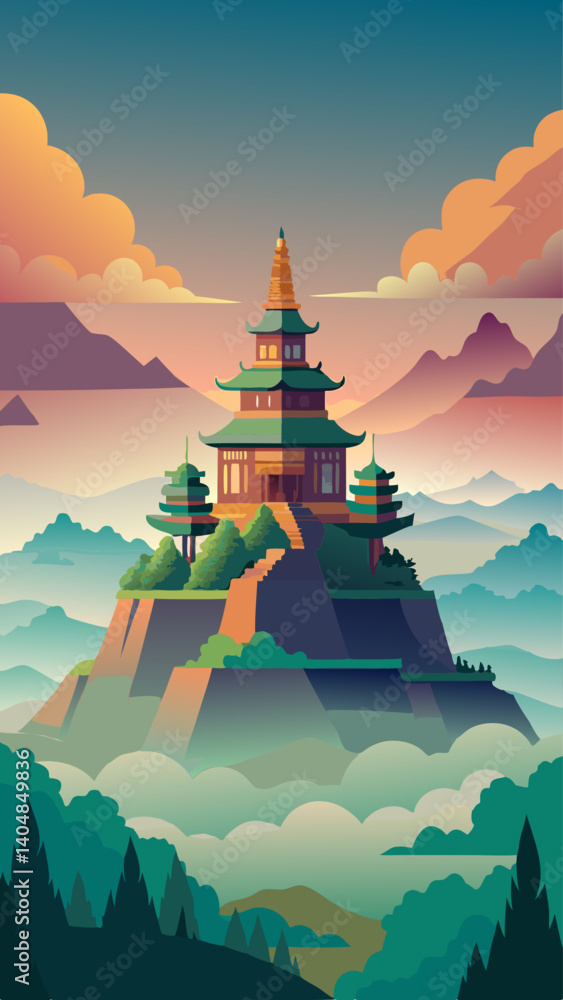 Poster a mountain range with a large building in the middle. the building has a lot of steps leading up to 