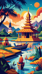 A man in a boat is paddling down a river in a tropical setting. The scene is peaceful and serene, with palm trees lining the riverbank and a small village in the distance