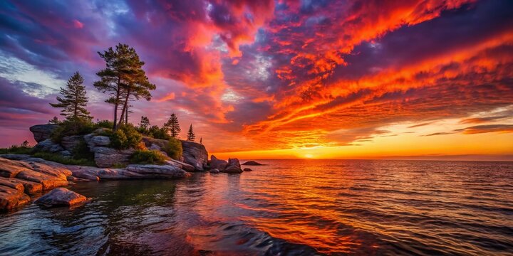 Dramatic Sunset Over the Ocean: A breathtaking sunset paints the sky with vibrant hues of red, orange, and purple, casting a fiery glow over the tranquil ocean and rugged coastline.