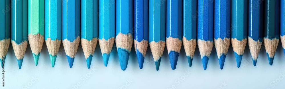 Poster smooth gradient of blue colored pencils arranged in a row, showing tones from green to deep blue.