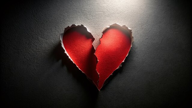 Broken Heart Symbolism: A vivid red heart, torn in two, lies against a dark, dramatic background, symbolizing heartbreak, loss, and emotional pain.