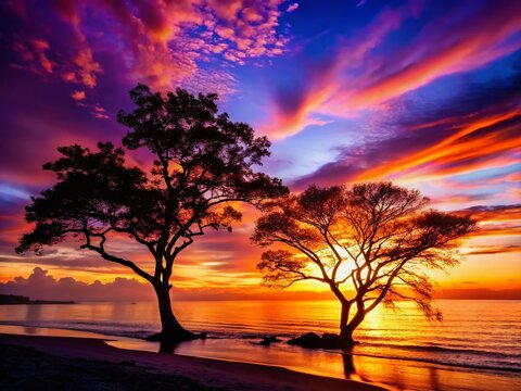 Vibrant Sunset Over Calm Water: Two silhouetted trees stand on a tranquil beach as a breathtaking sunset paints the sky with fiery hues of orange, pink, and purple.
