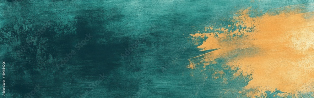 Poster abstract teal background with ochre paint brush strokes and gradient texture design for graphic reso