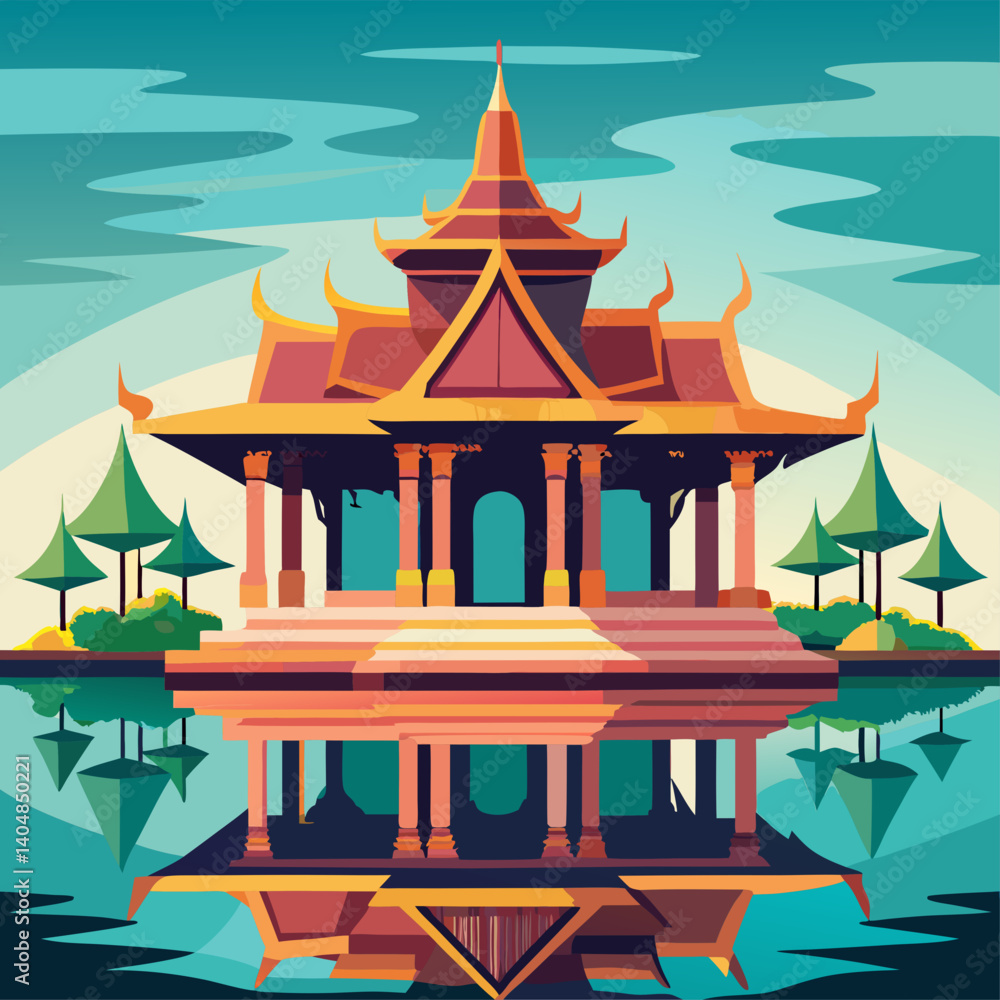 Poster a beautiful oriental building with a large courtyard and a pond in front of it. the pond is surround