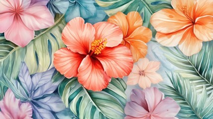 Fototapeta premium Vibrant tropical hibiscus flowers with lush green leaves in blooming garden