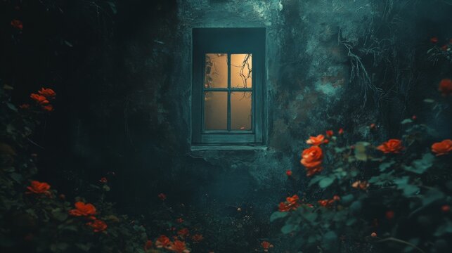 Fototapeta Lonely window at night surrounded by mysterious vines