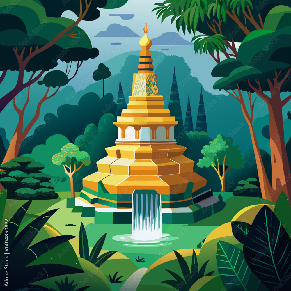 Poster a yellow building with a green roof and a fountain in front of it. the building is surrounded by tre
