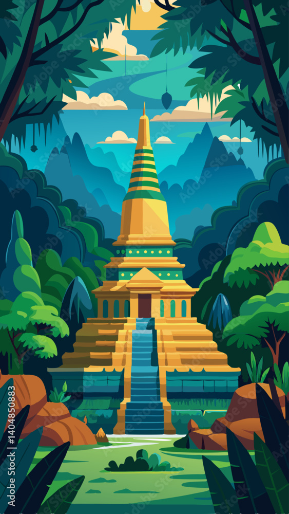 Poster a yellow building with a green roof and a fountain in front of it. the building is surrounded by tre