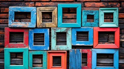 Colorful wooden picture frames arranged on a brick wall.