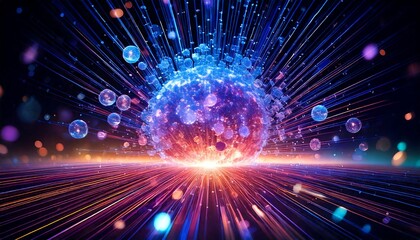 Obraz premium Abstract glowing sphere with light streaks and floating bubbles in a dark background scene