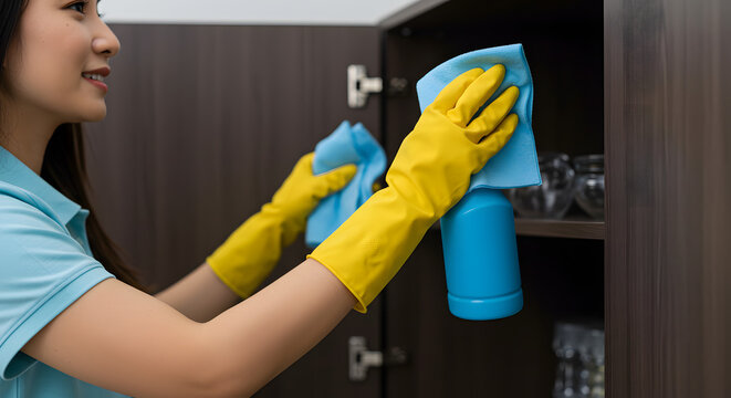 Focused Woman Cleaning Cabinets with Bright Yellow Gloves