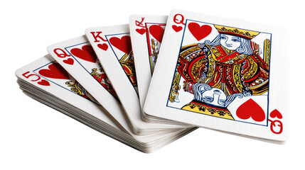 Card Hand of Hearts: A close-up shot of a fan of playing cards, showing a winning hand with hearts suit, showcasing the game's excitement and elegance.