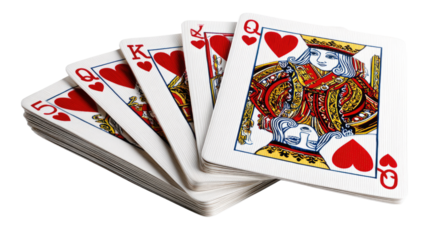 Card Hand of Hearts: A close-up shot of a fan of playing cards, showing a winning hand with hearts suit, showcasing the game's excitement and elegance.