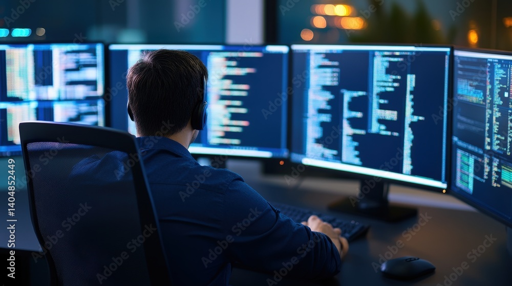 Poster a focused individual works at a multi-screen setup, analyzing code and data in a high-tech environme