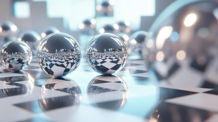 Futuristic chrome spheres arranged on checkered board