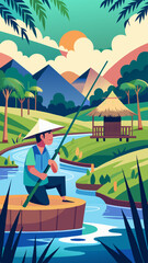 A man is fishing in a river with a hut in the background. The scene is peaceful and serene