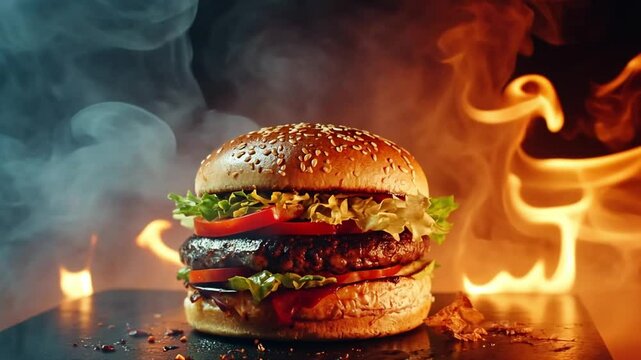 A mouthwatering burger with lettuce, tomato, and a juicy patty, surrounded by flames and smoke