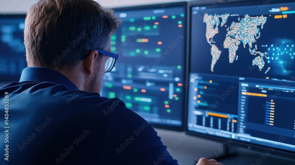 Poster a person analyzes data on multiple screens, displaying visual graphs, maps, and statistical informat