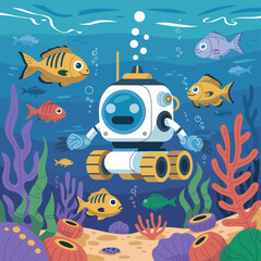 Cute Underwater Robot Exploring Colorful Coral Reef Scene