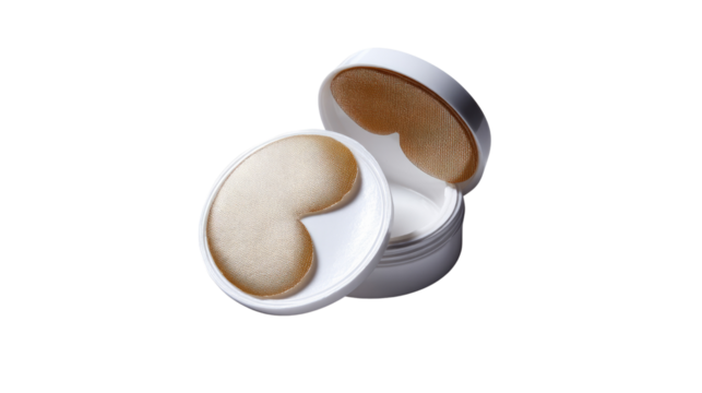 Delicate Skincare Unveiled: A close-up, studio shot presents an open jar of under-eye patches, a testament to the modern rituals of personal care.