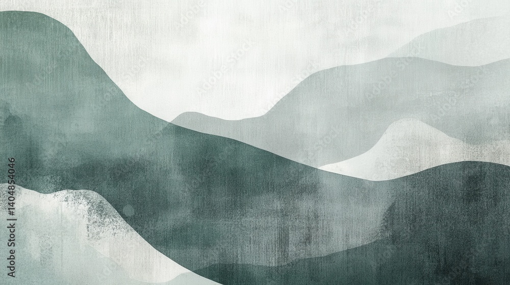Poster serene abstract landscape composition with gentle overlapping forms in muted green and white