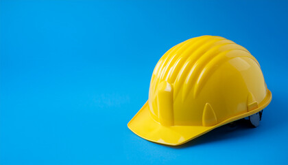 Fototapeta premium Yellow construction helmet of blue background. Happy Labor Day concept.