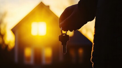 Person holding house keys at sunset in front of a new home, symbolizing ownership