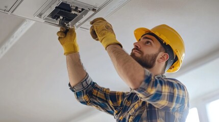 Electrician installing ceiling fan. Featuring electrical work and ceiling fan installation