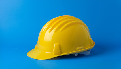 Fototapeta premium Yellow construction helmet of blue background. Happy Labor Day concept.