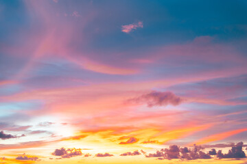 Vibrant sunset sky filled with streaks of orange and pink clouds fading into a tranquil blue.