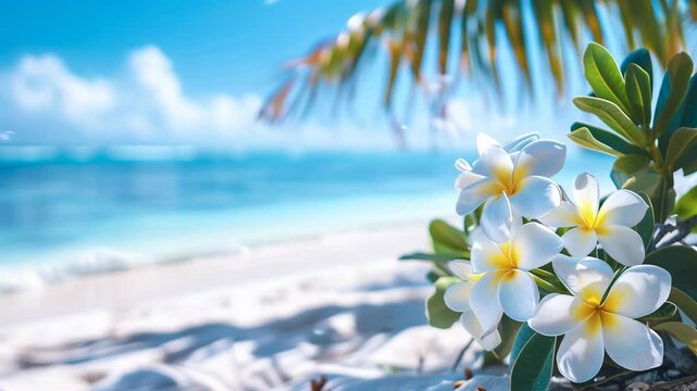 tropical beach footage with frangipani flowers and palm leaves in motion, perfect for summer, travel, spa, relaxation or nature themes