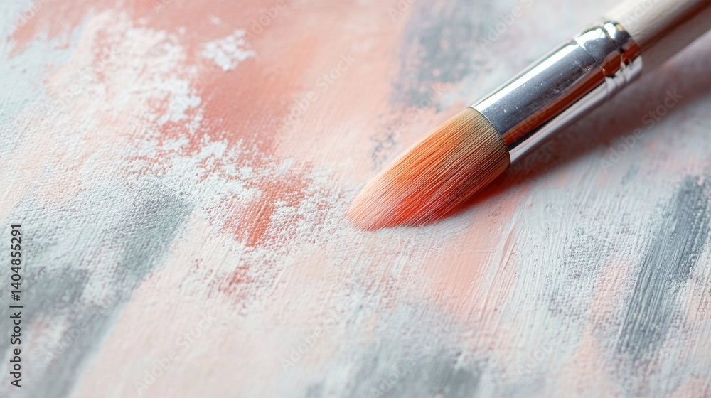 Poster close-up of a soft bristle brush gently touching a canvas with subtle brushstrokes of peach, white, 